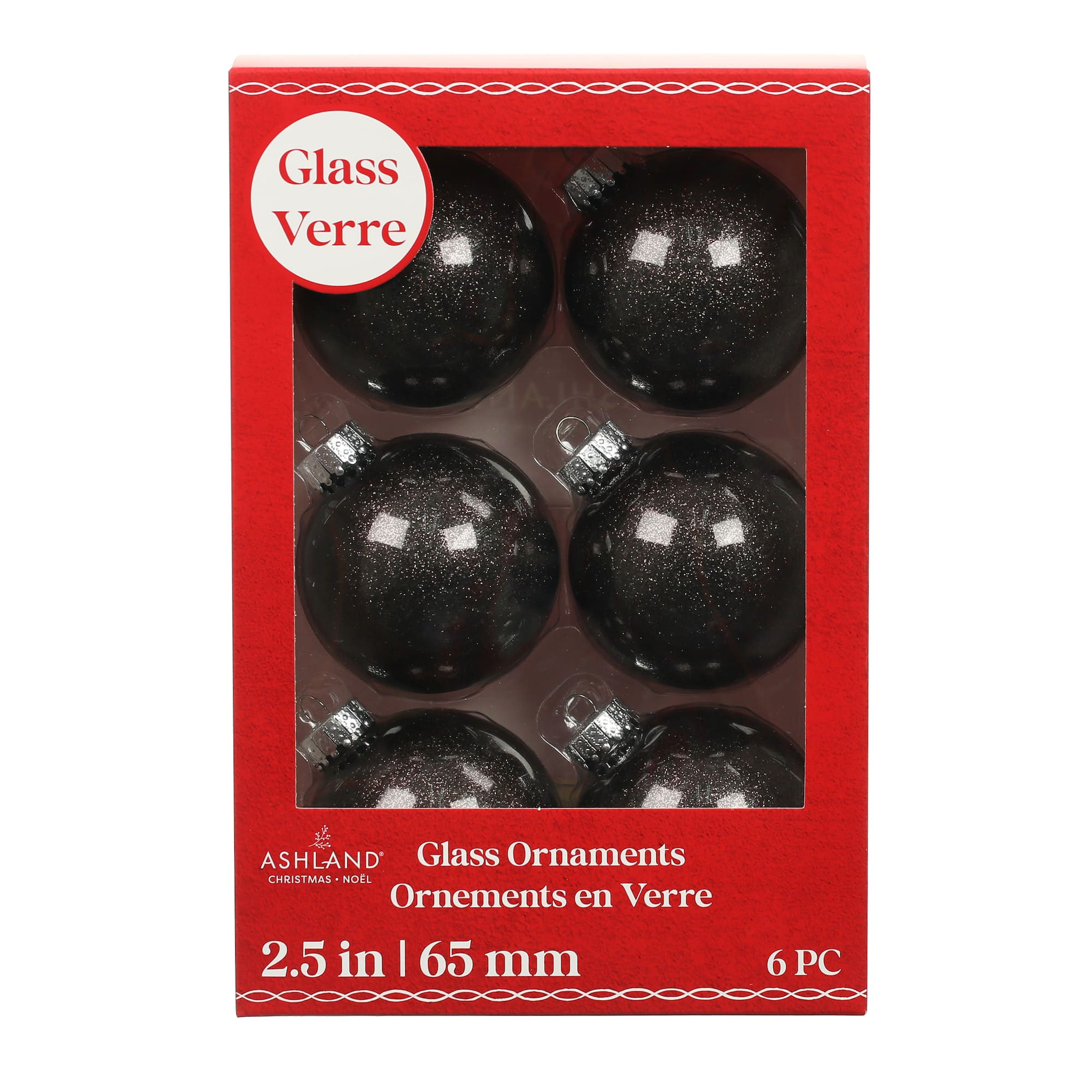 6 Pack 2.5" Black Glitter Glass Ball Ornaments by Ashland®